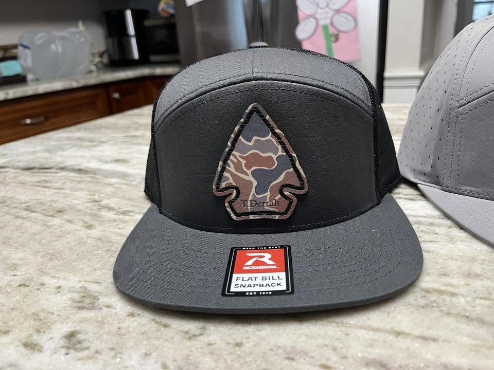 T. Derrah camo arrowhead leather patch flat bill snapback