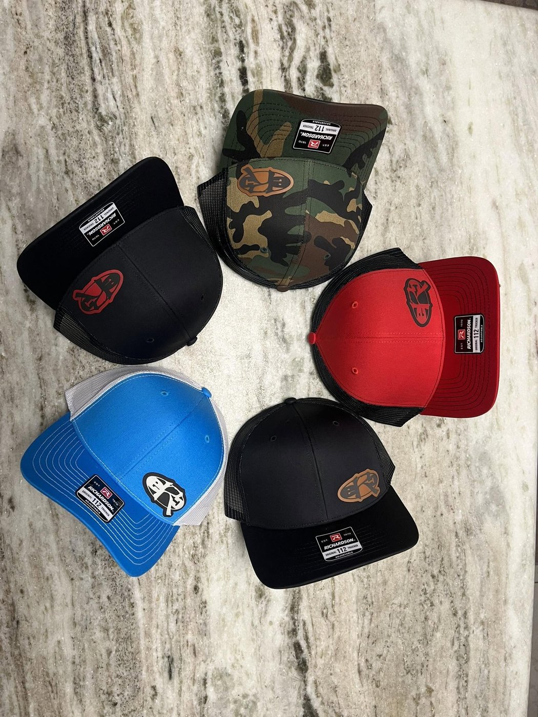 Custom leather patch Richardson 112 hats in five colors