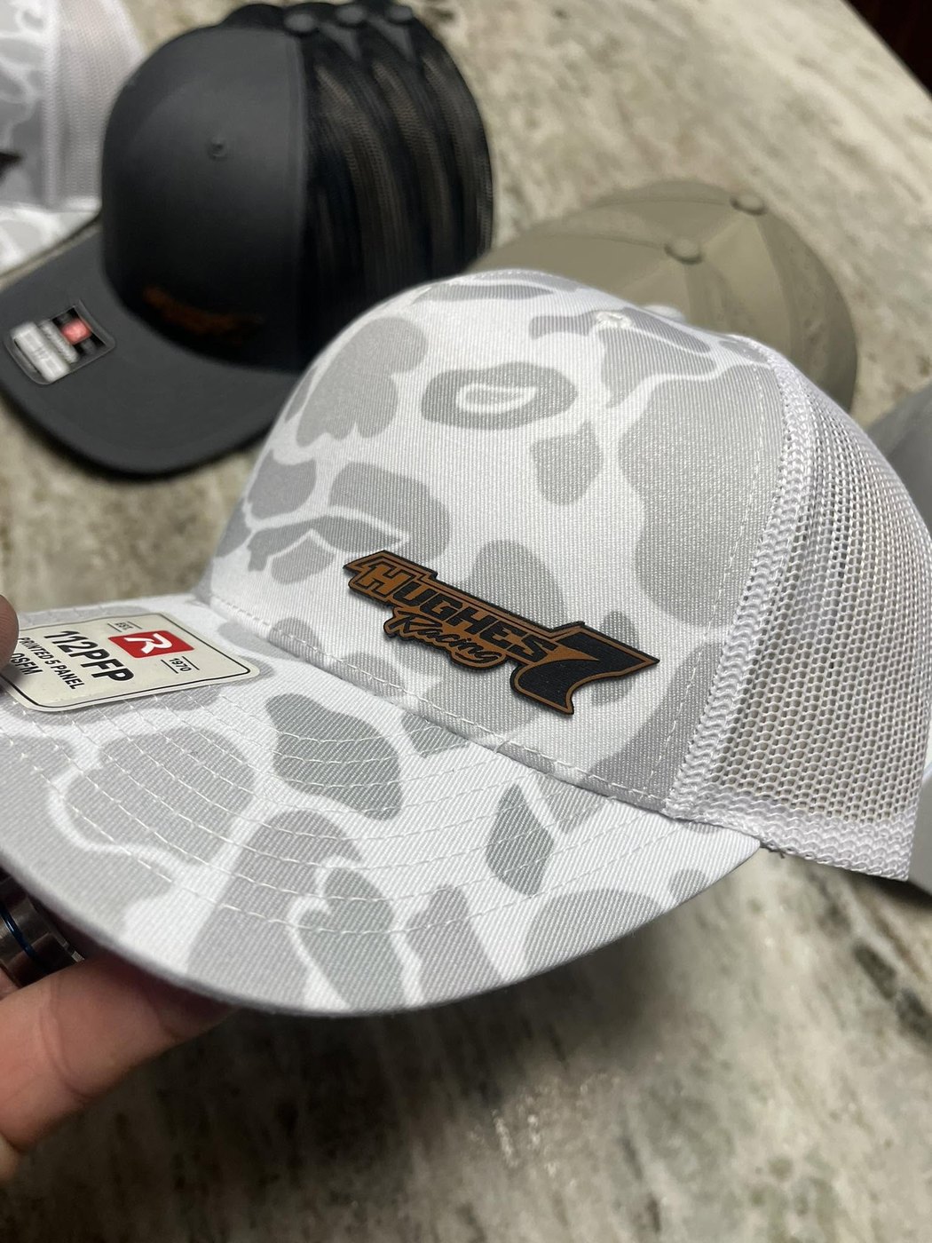 Hughes Racing white duck camo trucker hat